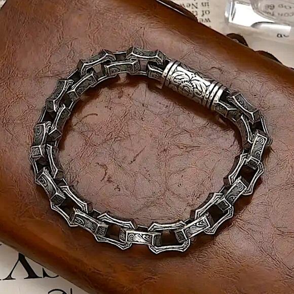 Stainless Steel Chain Link Bracelet, Mantra, Curb Hand Woven Engraved - Picture 6 of 7
